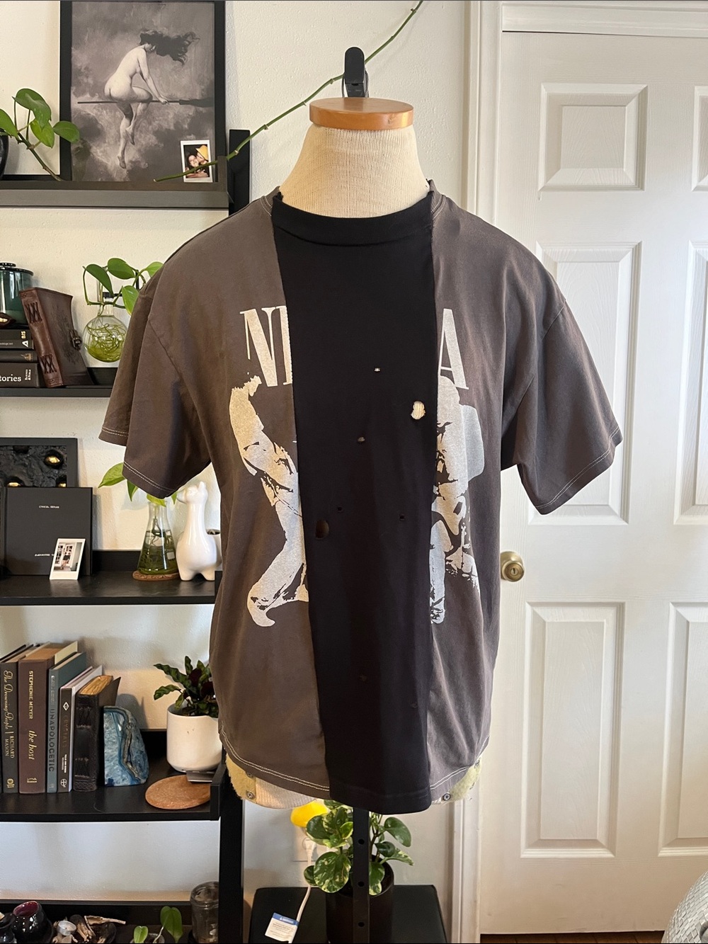 One of a Kind Black and Grey Distressed 2 Combined Tshirts womens size M Nirvana